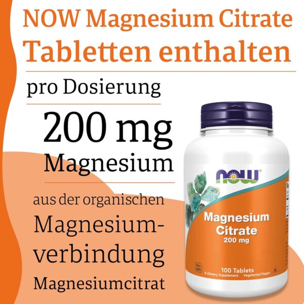 Now Foods Magnesium Citrate, 200mg Magnesium, 100 vegane Tabletten, Laborgeprüft, Vegetarisch, Glutenfrei, Sojafrei, Ohne Gentechnik – Bild 5