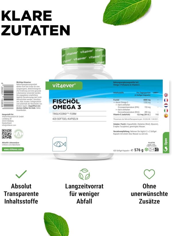 Omega 3 mit 420 Kapseln - 4000 mg Fischöl pro Tag mit EPA & DHA in Triglycerid-Form - Aufwendig gereinigt aus nachhaltigem Fischfang – Bild 5
