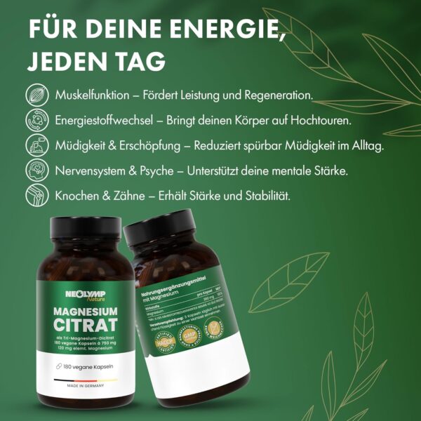 NEOLYMP Magnesiumcitrat Kapseln hochdosiert - 360mg elementares Magnesium pro Dosis - produziert in Deutschland - vegan, laborgeprüft & nachhaltiges Braunglas – Bild 2