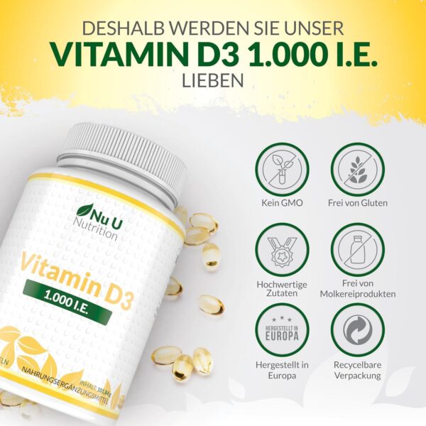Vitamin D3 1.000 I.E. hochdosiert | für Knochen, Zähne & Immunsystem | Jahresversorgung | 100% Geld-zurück-Garantie | 365 Softgel-Kapseln | Nahrungsergänzungsmittel von Nu U Nutrition – Bild 7