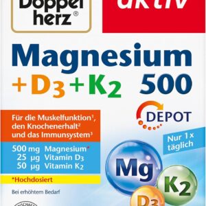 Doppelherz Magnesium 500 + D3 + K2 - Hochdosiertes Magnesium als Beitrag zur normalen Funktion der Muskeln und Nervensystems - 60 vegetarische Depot-Tabletten
