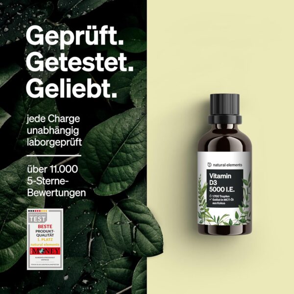 Vitamin D3 - Laborgeprüfte 5000 I.E. pro Tropfen - 50ml (1700 Tropfen) - In MCT-Öl aus Kokos - Hochdosiert, flüssig – Bild 4