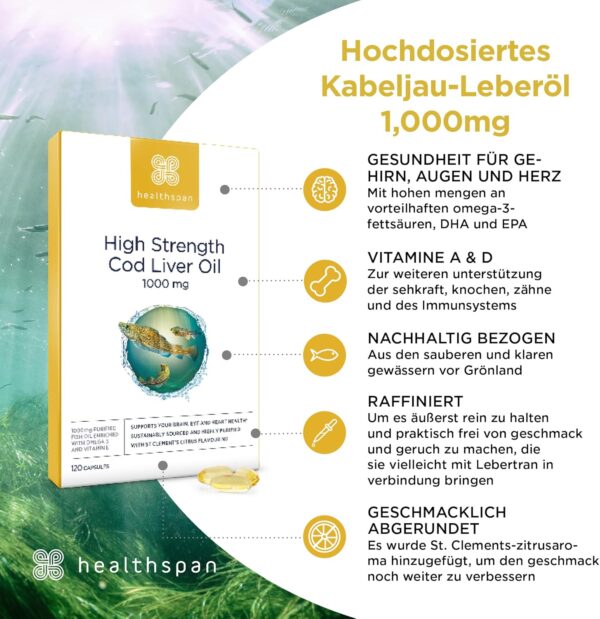 Healthspan Lebertran 1.000 mg | Reich an Omega-3-Fettsäuren DHA & EPA | Vitamin A und D3 | Gehirnfunktion, Augen- und Herzgesundheit | Aus nachhaltigen Quellen (240 Kapsel) – Bild 4