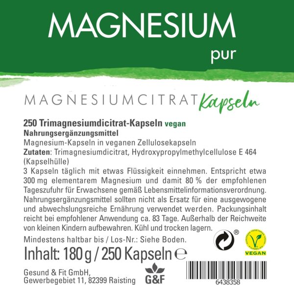 Magnesium-pur Magensiumcitrat Kapseln vegan 250 Stück Dose, hochdosiert 100mg Magnesiumcitrat pro Kapsel – Bild 5