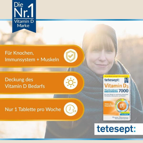 tetesept Vitamin D3 7000 Wochendepot – Vitamin D Tabletten bei einem Mangel an natürlichem Sonnenlicht – Nahrungsergänzungsmittel für Knochen, Immunsystem & Muskeln – 1 x 12 Tabletten – Bild 2