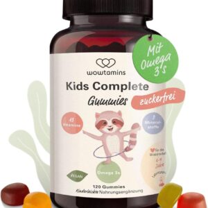 wowtamins Kids Complete zuckerfrei - Vegane Multivitamin Gummies mit Omega 3 (30-Tage-Vorrat) - Vitamine für Kinder - Nahrungsergänzungsmittel für das Immunsystem mit Vitamin C, D3, B12, Zink & mehr