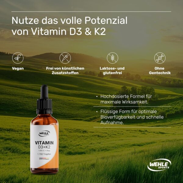Vitamin D3 K2 Tropfen Hochdosiert [1000 IE] - Vit D3 K2 Hochdosiert - Vitamin D K2 - Vitamin D3 K2 Öl - Vitamin D3 K2 1000 IE - 50ml 1700 Tropfen - Hoch Bioverfügbar - LABORGEPRÜFT Wehle Sports® – Bild 6