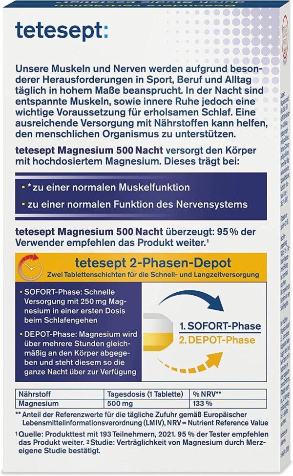 tetesept Magnesium 500 Nacht – Nahrungsergänzungsmittel mit hochdosiertem Magnesium – entspannte Muskeln im Schlaf mit Magnesium Tabletten – 1 x 30 Tabletten – Bild 4
