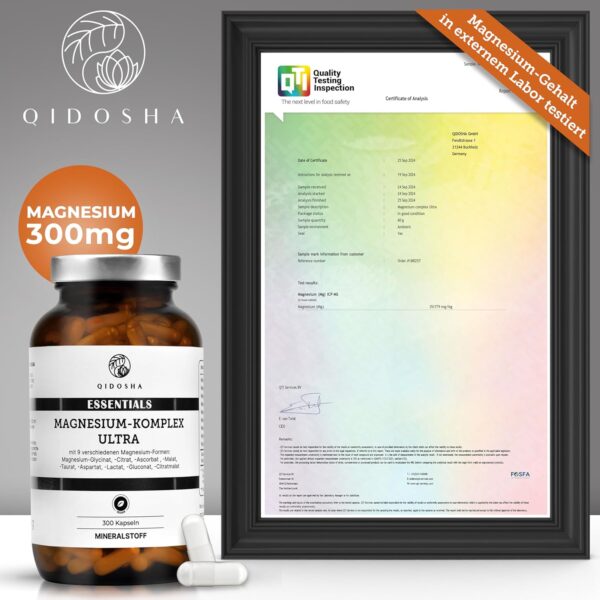 QIDOSHA® Magnesium Komplex hochdosiert, 300 Kapseln im Apothekerglas, 9 Magnesium-Formen mit sich ergänzenden Wirkschwerpunkten als Magnesium-Vollspektrum, 300mg elementares Magnesium/Tagesportion – Bild 5