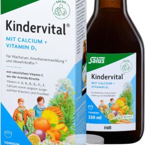 Salus Kindervital mit Calcium + Vitamin D3-1x 250 ml - Tonikum für Wachstum, Knochenentwicklung a) und Abwehrkräfte b) – mit 9 Vitaminen und Calcium - vegan