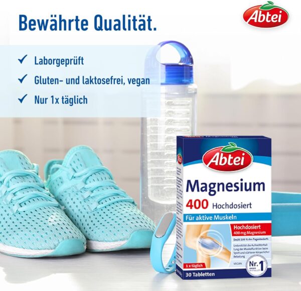 Abtei Magnesium 400 - hochdosiertes Magnesium - für aktive Muskeln - glutenfrei, laktosefrei und vegan - 30 Tabletten – Bild 4