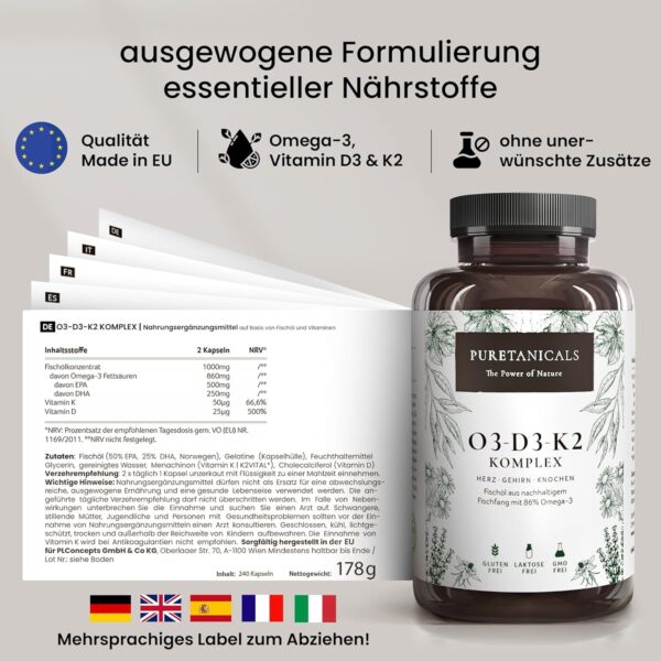 Omega 3 + Vitamin D3, K2 MK7 All-Trans mikroverkapselt - Premium Essentials O3-D3-K2 hochdosiert - Fischöl mit essentiellen EPA & DHA Fettsäuren | Fisch Öl Omega3 Fish Oil Tropfen | 240 Kapseln – Bild 5
