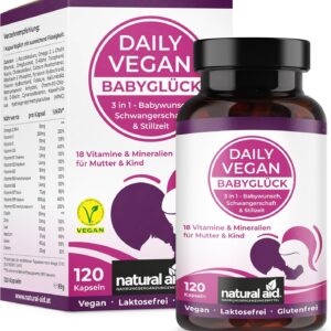 natural aid Daily Vegan Vitamin B12 Kapseln [100% vegan] 120 Stück Folsäure 3in1 laborgeprüft o. Zusätze in DE hergestellt Kinderwunsch Schwangerschaft Stillzeit Vitamin B12
