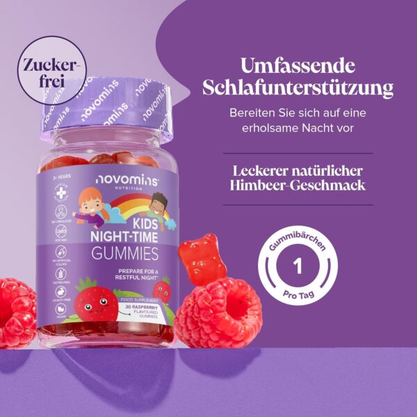 Schlafgummis für Kinder – Nahrungsergänzungsmittel für Kinder in der Nacht – Melatonin-Alternative zur Schlafenszeit – Vegan – Glutenfrei – Magnesium – L-Theanin – B12 – von Novomins – Bild 2