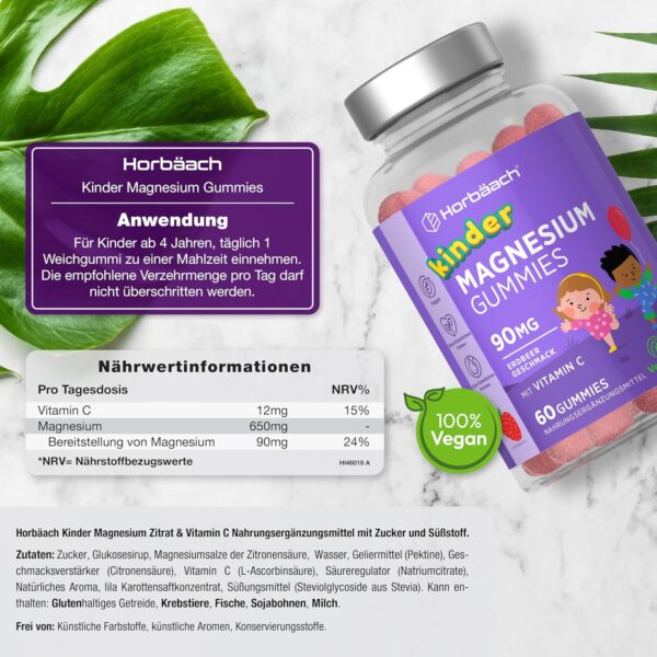 Magnesium Gummibärchen Kinder 90mg mit Vitamin C | 60 Magnesiumcitrat Vegane Gummies - 2 Monate Vorrat | Alternativ zu Kapseln & Tabletten | Magnesium Supplement for Children | von Horbaach – Bild 3