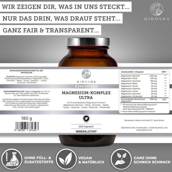 QIDOSHA® Magnesium Komplex hochdosiert, 300 Kapseln im Apothekerglas, 9 Magnesium-Formen mit sich ergänzenden Wirkschwerpunkten als Magnesium-Vollspektrum, 300mg elementares Magnesium/Tagesportion – Bild 4