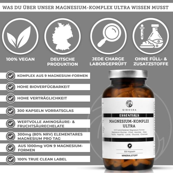 QIDOSHA® Magnesium Komplex hochdosiert, 300 Kapseln im Apothekerglas, 9 Magnesium-Formen mit sich ergänzenden Wirkschwerpunkten als Magnesium-Vollspektrum, 300mg elementares Magnesium/Tagesportion – Bild 2