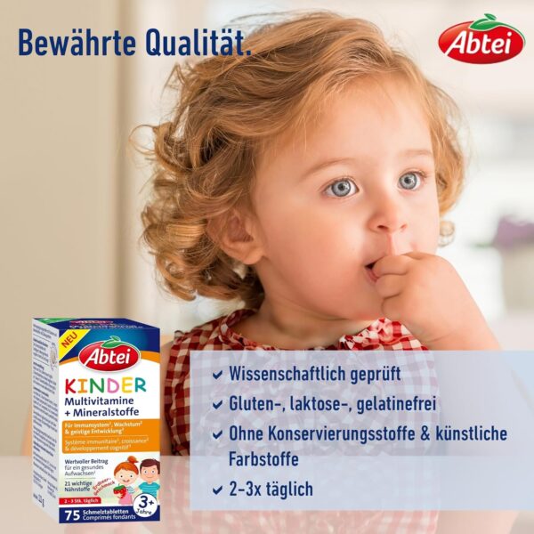 Abtei Kinder Multivitamine + Mineralstoffe - Für ein gesundes Aufwachsen* von Kindern - Ab 3 Jahren - Mit 21 wichtigen Nährstoffen - Glutenfrei, Laktosefrei, Gelatinefrei - 75 Schmelztabletten – Bild 5