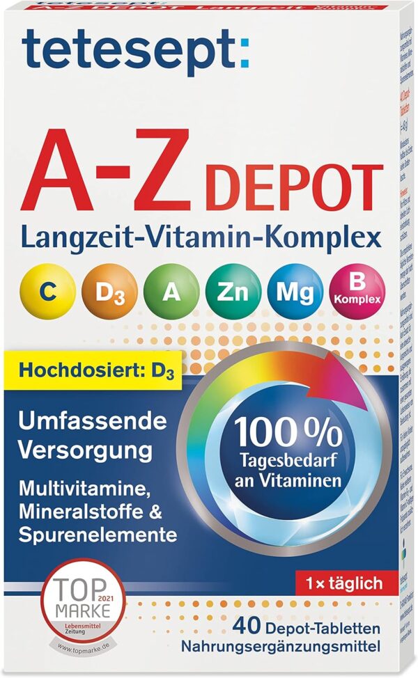 tetesept Vitamin A-Z Depot Tabletten | 1 x 40 Tabletten Depot | Nahrungsergänzungsmittel für eine umfassende Versorgung an Vitaminen, Mineralstoffen und Spurenelementen