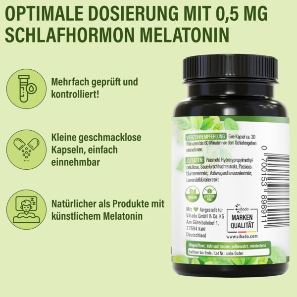 Vihado Natur Melatonin hochdosiert, Innovation: natürliches Melatonin aus Sauerkirsch, zusätzlich Ashwagandha, Passionsblume, Lavendel, 90 Kapseln – Bild 6