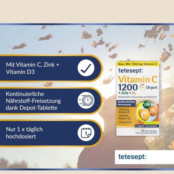 tetesept Vitamin C 1200 + Zink + D3 – Nahrungsergänzungsmittel mit Vitamin C, D3 und Zink zur Unterstützung des Immunsystems, des Zellschutzes und der Knochen – 5 x 30 Vitamin Tabletten – Bild 2