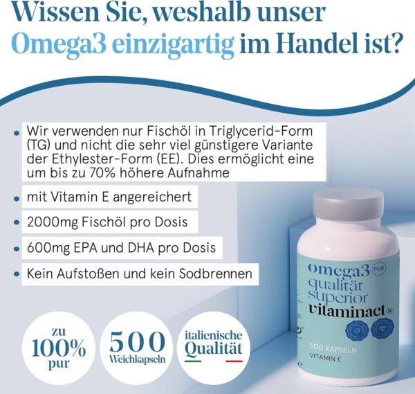 Omega 3 Kapseln Hochdosiert (500 KAPSELN) Mit Vitamin E Natürlich - 2000 mg Reines Fischöl in Triglycerid - Form Pro Dosis Für Eine Bis zu 70% Höhere Aufnahme - 600 mg EPA und DHA pro Dosis. – Bild 6