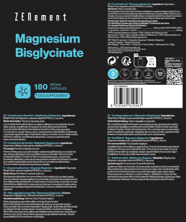 Magnesiumglycinat, 175mg elementares Magnesium pro Kapsel (350mg magnesium bisglycinat) | Premium: Chelatiertes Magnesium | 180 Kapseln (3 Monats-Vorrat) | Vegan, Hochdosiert | Zenement – Bild 4
