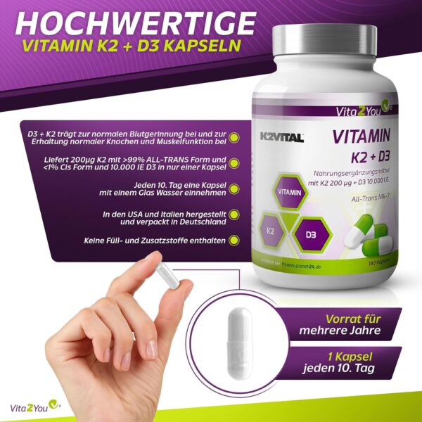 Vita2You Vitamin D3 + K2-180 Kapseln - Vitamin D3 10.000 IE + Vitamin K2 (MK-7) 200µg - Original K2VITAL® von Kappa - Premium Qualität – Bild 2
