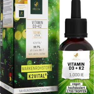 VITACTIV Vitamin D3 K2 Tropfen - K2VITAL® 99,7% all-trans MK-7 - D3 pro Tropfen 1000 IE, Hochdosiert, Hoch Bioverfügbar - Aus Deutschland, Laborgeprüft, Vegan - 50ml, 1700 Tropfen
