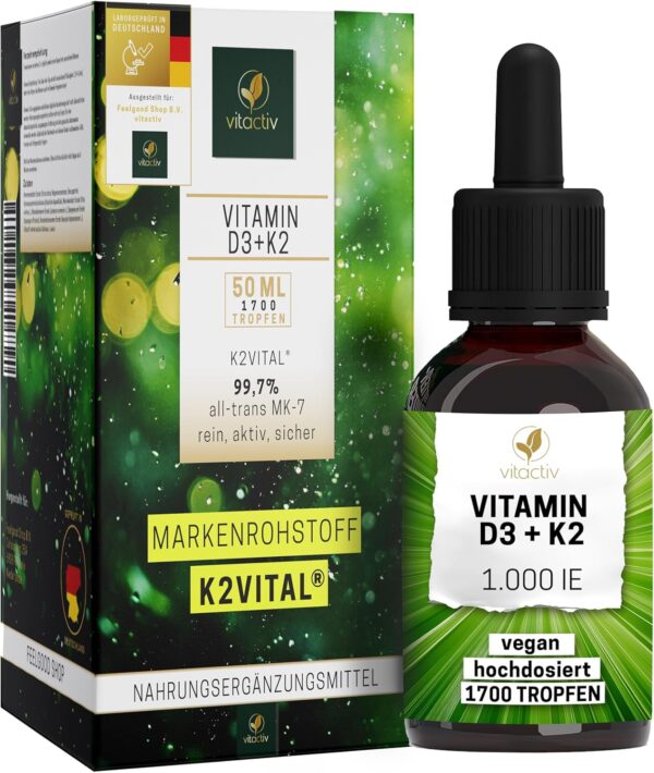 VITACTIV Vitamin D3 K2 Tropfen - K2VITAL® 99,7% all-trans MK-7 - D3 pro Tropfen 1000 IE, Hochdosiert, Hoch Bioverfügbar - Aus Deutschland, Laborgeprüft, Vegan - 50ml, 1700 Tropfen