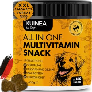 KUINEA® All-in-One Vitamine für Hunde als Leckerli I ca. 5-MONATS-VORRAT I Unterstützend bei: Verdauung, Knochen & Gelenke, Immunsystem, Fellgesundheit, Nahrungsergänzungsmittel Hund 150 Snacks (400g)