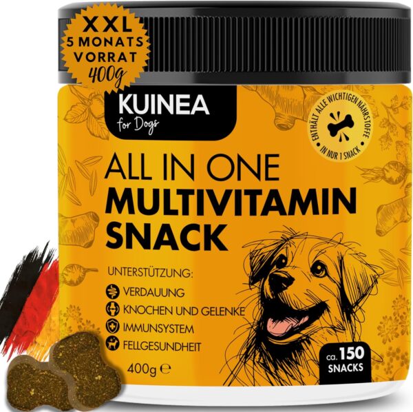 KUINEA® All-in-One Vitamine für Hunde als Leckerli I ca. 5-MONATS-VORRAT I Unterstützend bei: Verdauung, Knochen & Gelenke, Immunsystem, Fellgesundheit, Nahrungsergänzungsmittel Hund 150 Snacks (400g)