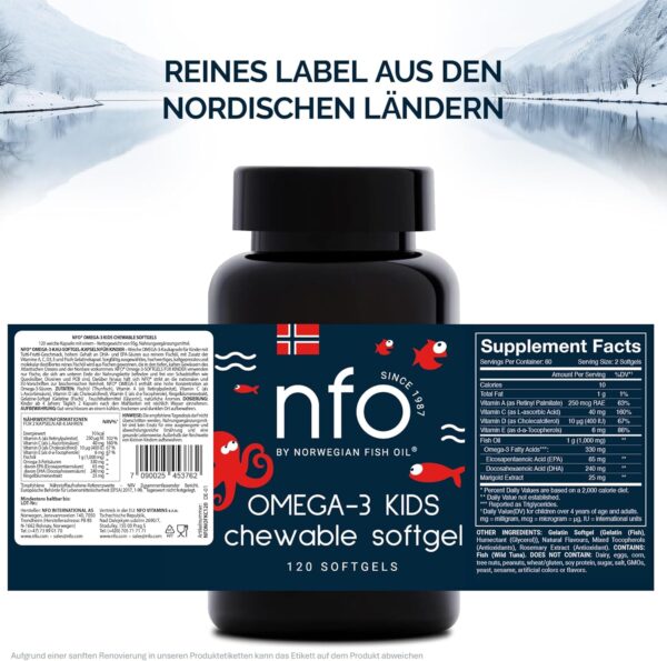 NFO Omega-3 Kids - Leckeres Tutti-Frutti Fischöl zum Kauen | Mit essentiellen Vitaminen | Kinderfreundliche Formel - 120 Kapseln – Bild 8
