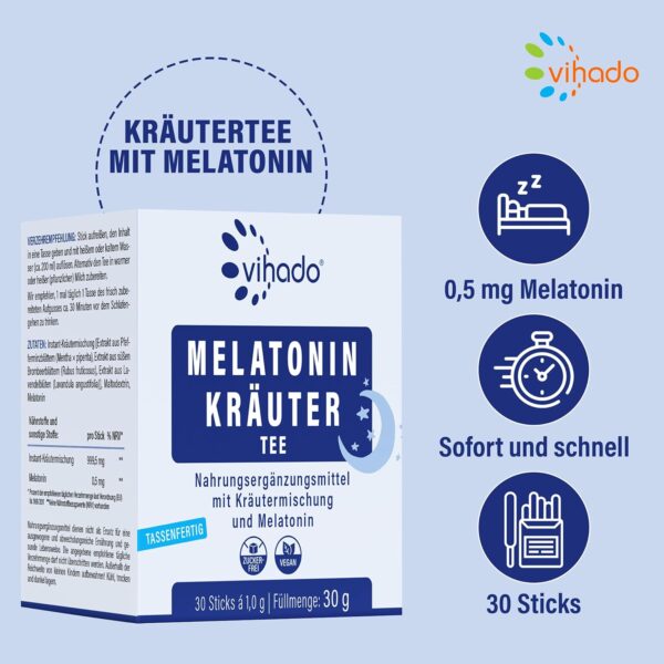 Vihado Kräutertee mit Melatonin - Melatonin Tee im Stick, Tassenfertig - mit Melatonin, Pfefferminz und Lavendelblüten - Nacht Tee (30 Sticks) – Bild 2