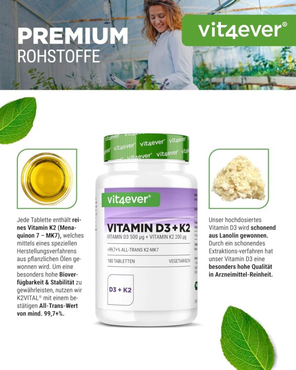 Vitamin D3 20.000 I.E + Vitamin K2 200 mcg Menaquinon MK7 Depot - 180 Tabletten - 99,7+% All-Trans - Laborgeprüft- Vegetarisch - Hochdosiert - Premium Qualität – Bild 3