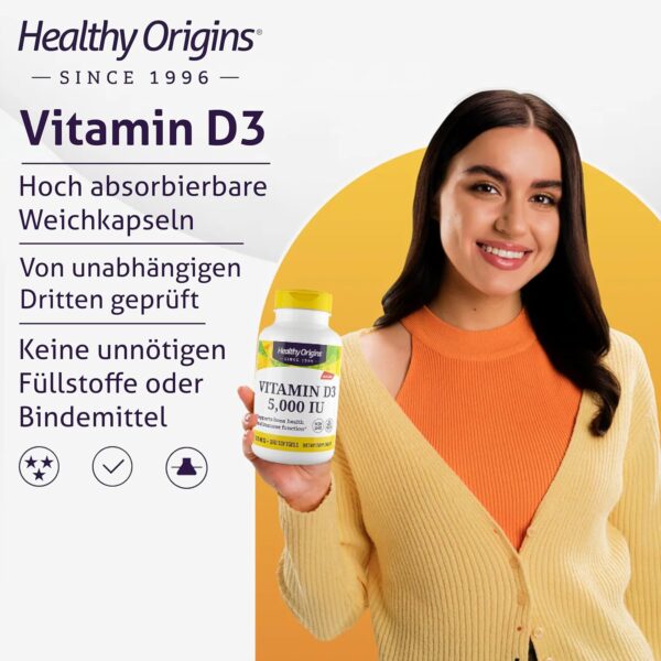 Healthy Origins, Vitamin D3, 360 Softgels, 5.000IU Vitamin D3 je Dosis, Glutenfrei, GMO frei, Geschmacksneutral – Bild 3