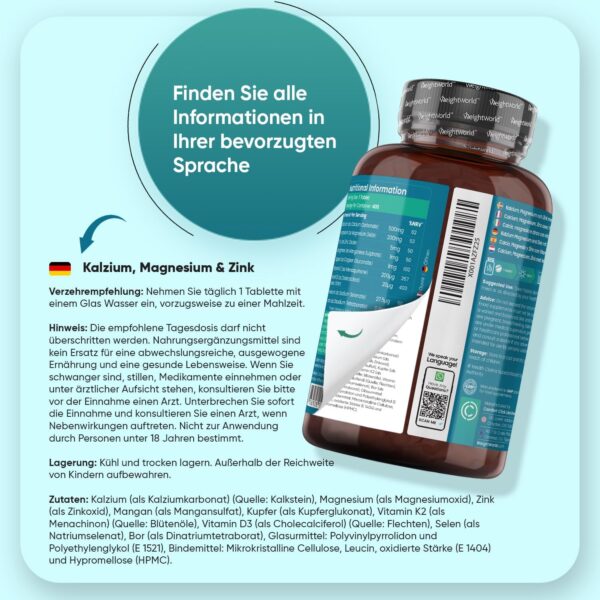 Kalzium Magnesium Zink - 400 Tabletten 1+ Jahr - Magnesium, Vitamin D3, K2, Bor, Selen, Kupfer - 500mg Calcium - Vegan - 1 Tablette Pro Tag - Glutenfrei - Alternativ zu Kapseln - WeightWorld – Bild 5