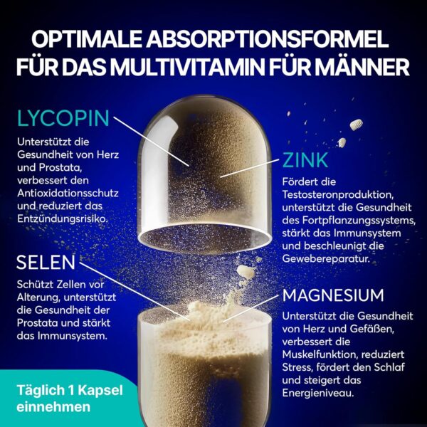 Multivitamin Für Männe - 60 Kapseln für 60 Tage - Vitamin Komplex A-Z & Mineralstoffe wie Zink, Magnesium, Und Mehr - Hochdosierte Tabletten Multivinamine A, C, D, E, B6, B12, K – Bild 2