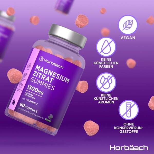 Magnesium Gummibärchen 1300mg | Magnesiumcitrat Gummies mit Vitamin C | Für Müdigkeit, Nervensystem & Elektrolyte (EFSA) | Alternative zu Eisentabletten | 60 Vegane Gummies | by Horbaach – Bild 5