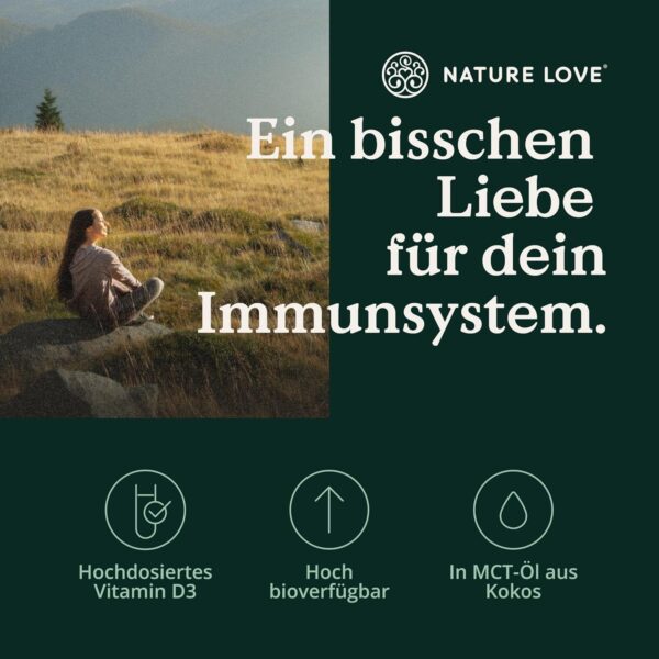 NATURE LOVE® Vitamin D3 1000 (50ml flüssig) – Laborgeprüfte 1000 I.E. pro Tropfen – in MCT-Öl aus Kokos – Vitamin D hochdosiert – hoch bioverfügbar, sehr hohe Stabilität und ohne unnötige Zusätze – Bild 3