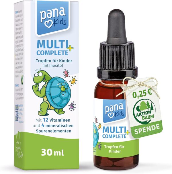PanaKids MultiComplete+ Multivitamin-Tropfen für Kinder - 12 Vitamine & 4 essenzielle Mineralstoffe + Inositol - Ab 4 Jahren - Honig & Fruchtgeschmack - 100% Vegetarisch - 30 ml