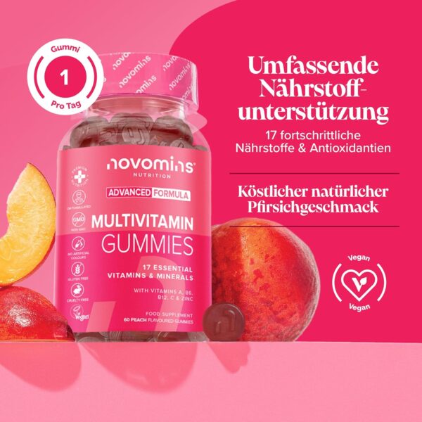 Multivitamin Hochdosiert - 17 Vitamine & Mineralien - Vegane Multivitamin Gummibärchen - Glutenfrei - A-Z Vitamin Komplex - Alternative zu Multivitamin Tabletten - für Immunsystem - 1 Monat - Novomins – Bild 2