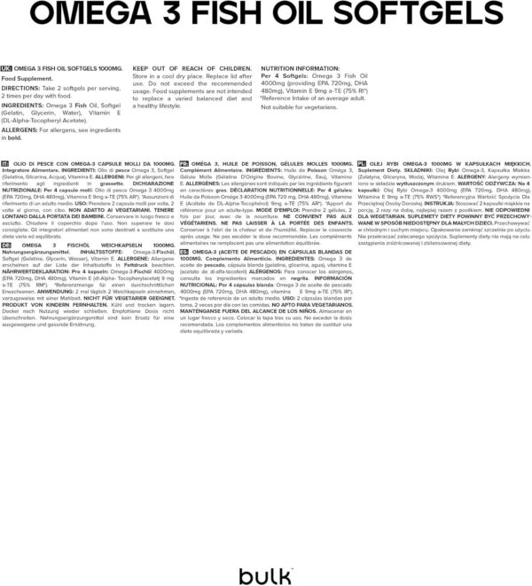 Bulk Omega 3 Fischöl Weichkapseln, 4000 mg Fischöl pro Portion, 730 mg EPA, 480 mg DHA, 1000 mg, 90 Kapseln – Bild 3
