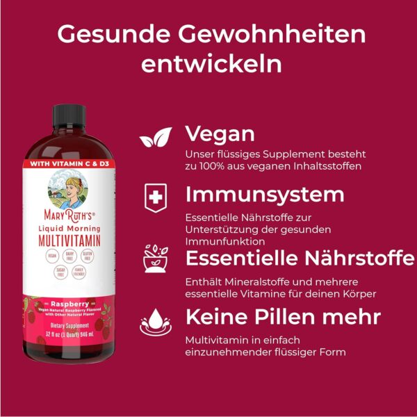 MaryRuth's, Liquid Morning Multivitamin Essentials+, 946ml, breites Spektrum an Vitaminen je Dosis, Himbeerengeschmack, Vegan, Glutenfrei, Sojafrei, GMO frei – Bild 8