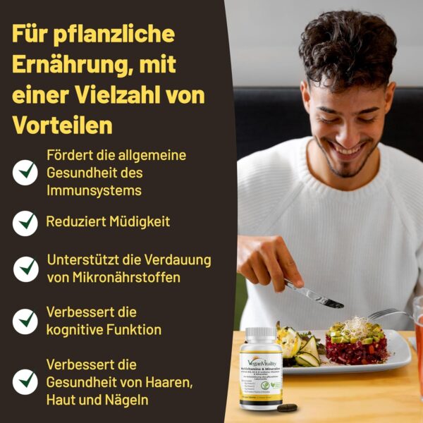 Vegan Multivitamin Tabletten hochdosiert - Vitamin b12 vegan & Eisen. 180 Multivitamin Tabletten Nahrungsergänzungsmittel - 6 Monate Vegan & Vegetarier - Alle Vitamine in einer Tablette – Bild 3