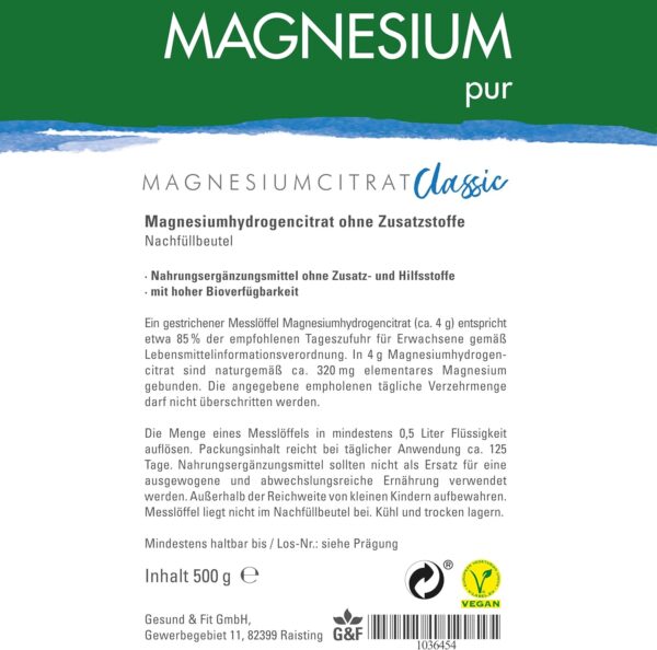Magnesium-Pur Pulver 500g Nachfüllbeutel pures Magnesiumcitrat Pulver, hoch bioverfügbar, vegan, ohne Zusätze – Bild 4