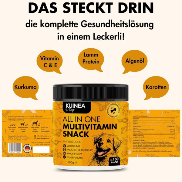 KUINEA® All-in-One Vitamine für Hunde als Leckerli I ca. 5-MONATS-VORRAT I Unterstützend bei: Verdauung, Knochen & Gelenke, Immunsystem, Fellgesundheit, Nahrungsergänzungsmittel Hund 150 Snacks (400g) – Bild 5