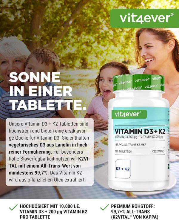 Vitamin D3 10.000 I.E + Vitamin K2 200 mcg Menaquinon MK7 Depot - 180 Tabletten - 99,7+% All-Trans (K2VITAL® von Kappa) - Laborgeprüft - Vegetarisch - Hochdosiert - Premium Qualität – Bild 2