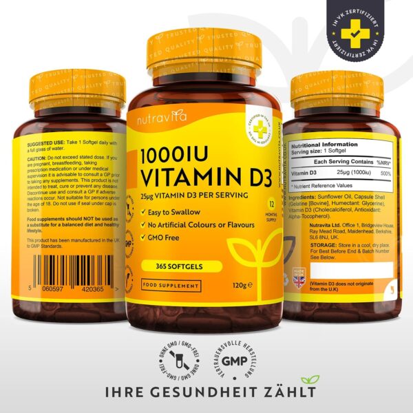 Vitamin D3 1000 I.E - 365 Kapseln - Unterstützt Knochen, Zähne, Muskeln und Immunsystem* - Vitamin D3 aus Deutschland - ohne künstlichen Zusatzstoffe - Hohe Reinheit - Hochdosiert - Premium Qualität – Bild 3