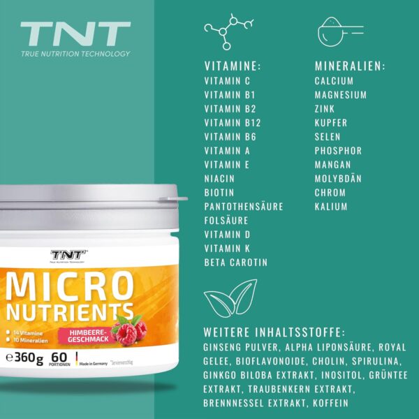 TNT Multivitamin Pulver mit 24 Vitaminen & Mineralien (360g) • Vitamin Komplex mit Grüntee Extrakt, Spirulina & Coenzym Q10 • Micronutrients (Süße Himbeere) – Bild 5